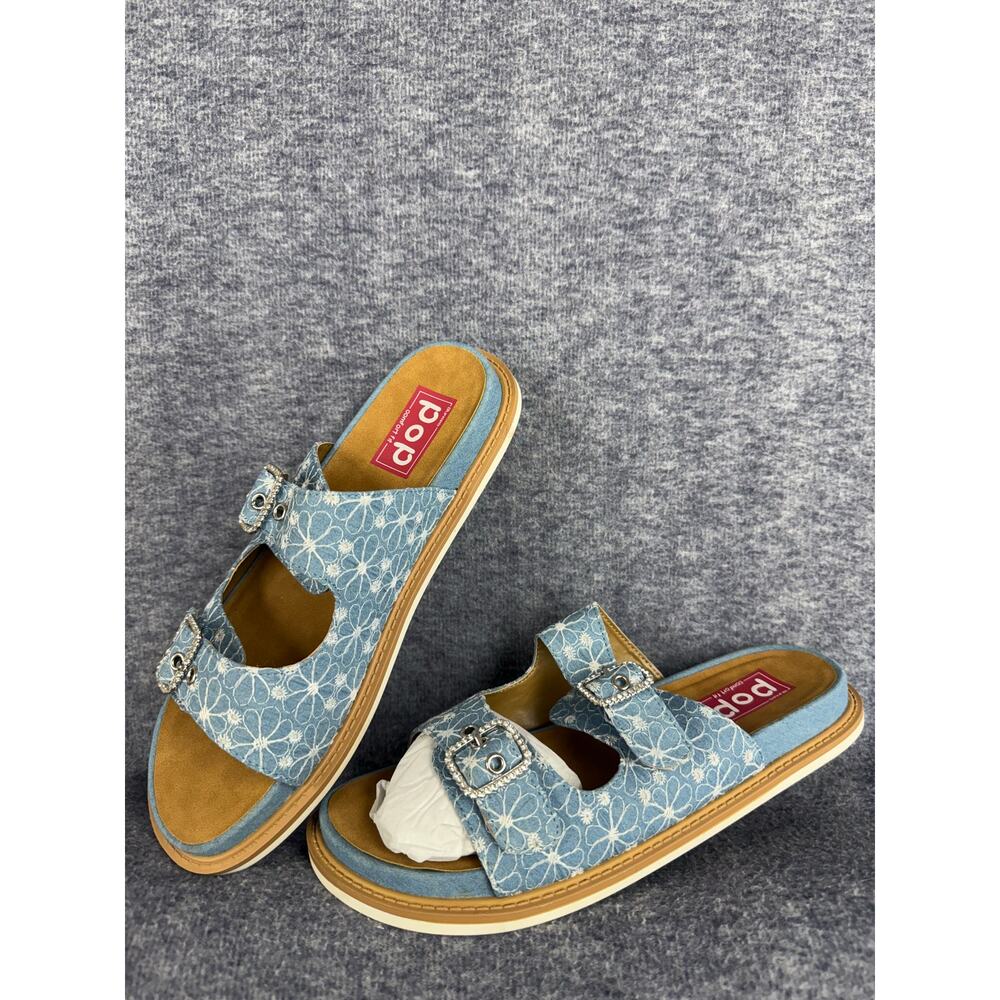 Pop Comfort Fit Sandals Women's Denim Floral Buckle Up Slide On Size 11